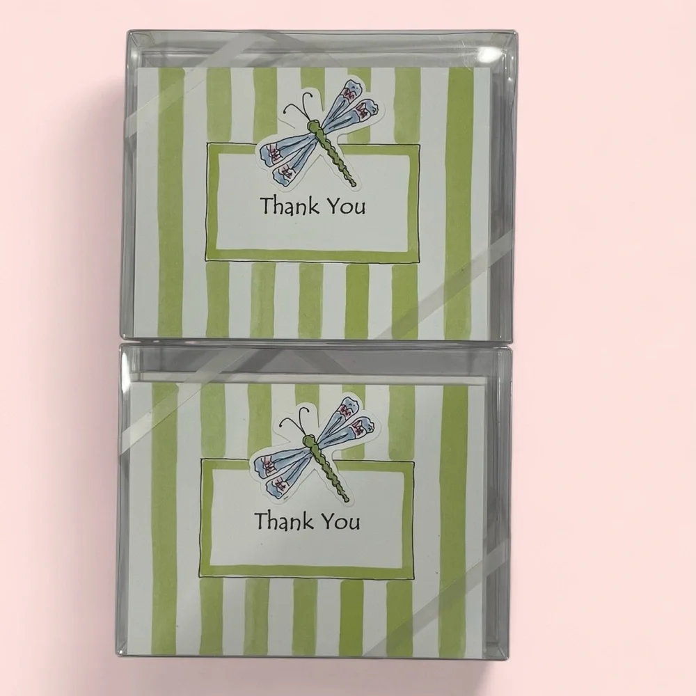 Cute Green white striped dragonfly notecards new in box 2 sets of 10 4.25 x 5.5”
